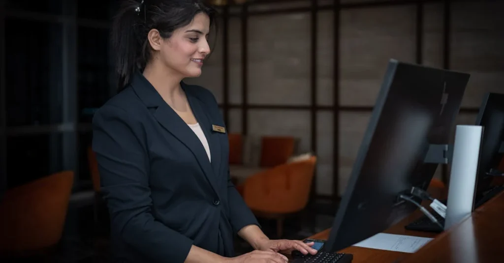 Hotel receptionist working at front desk computer in a modern lobby, checking guest information and reservations.